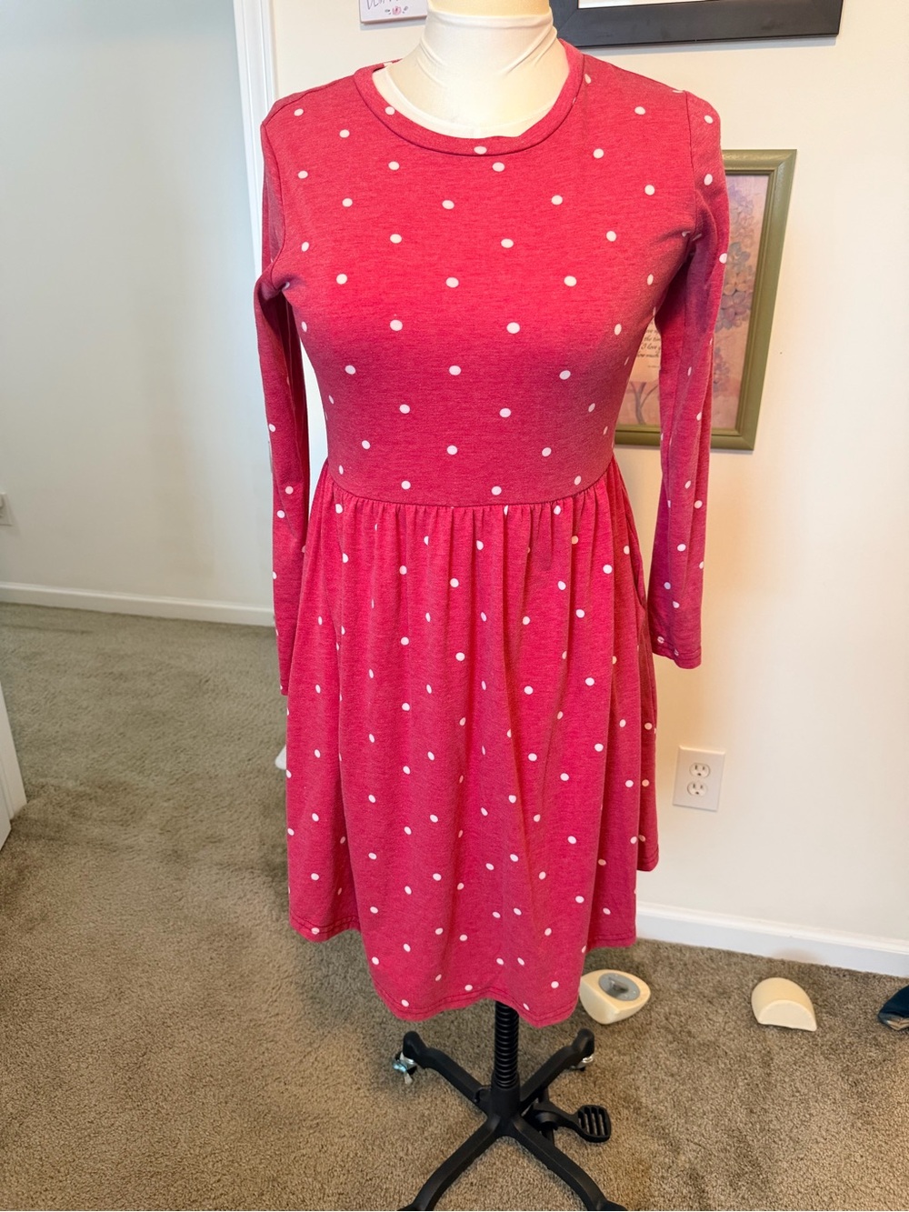 Women’s Long Sleeve Pink Polka Dot Fit & Flare Dress
